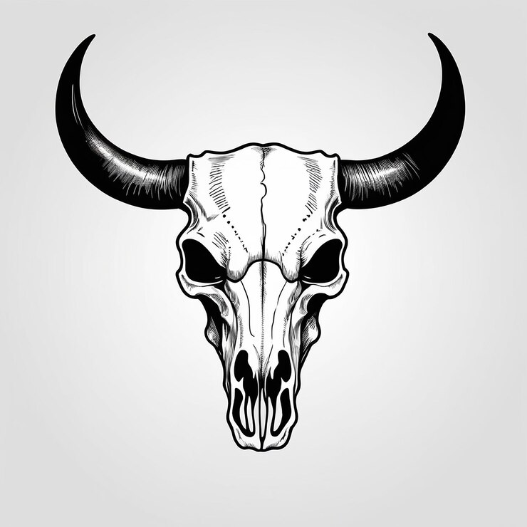 A drawing of a bull skull