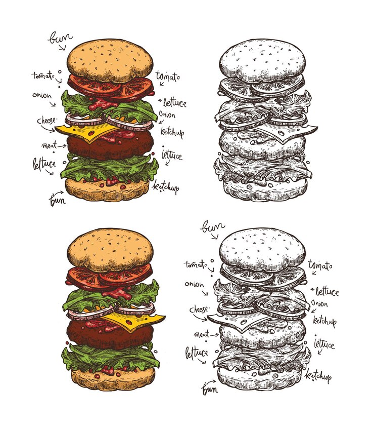 A drawing of a burger with different burgers.