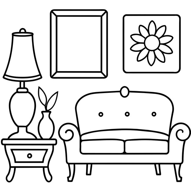 a drawing of a couch with a flower on the top