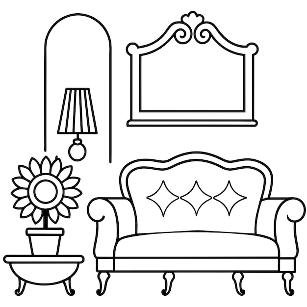 a drawing of a couch with a flower on the top