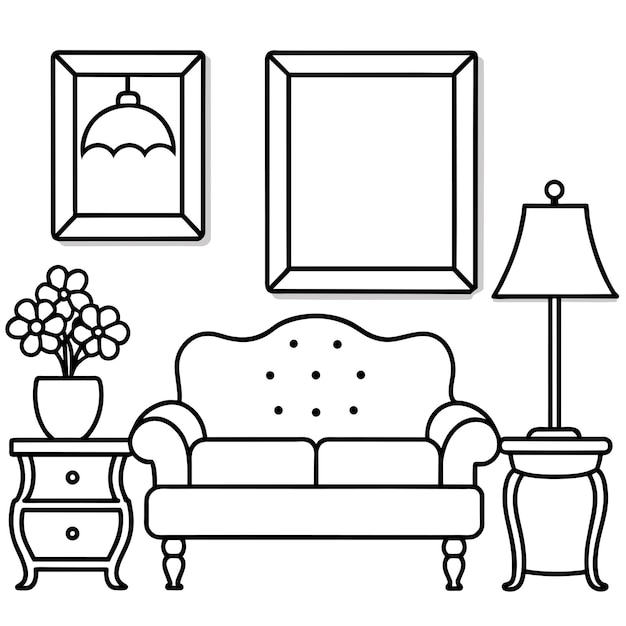 a drawing of a couch with a picture of a couch and a mirror