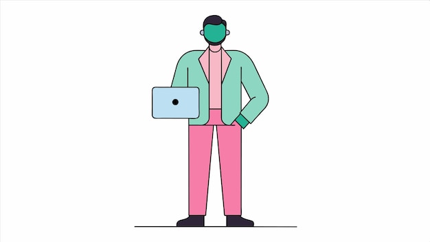 a drawing of a man with a pink and green jacket on and a pink laptop