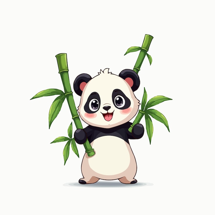 Vector a drawing of a panda bear holding bamboo in his hands