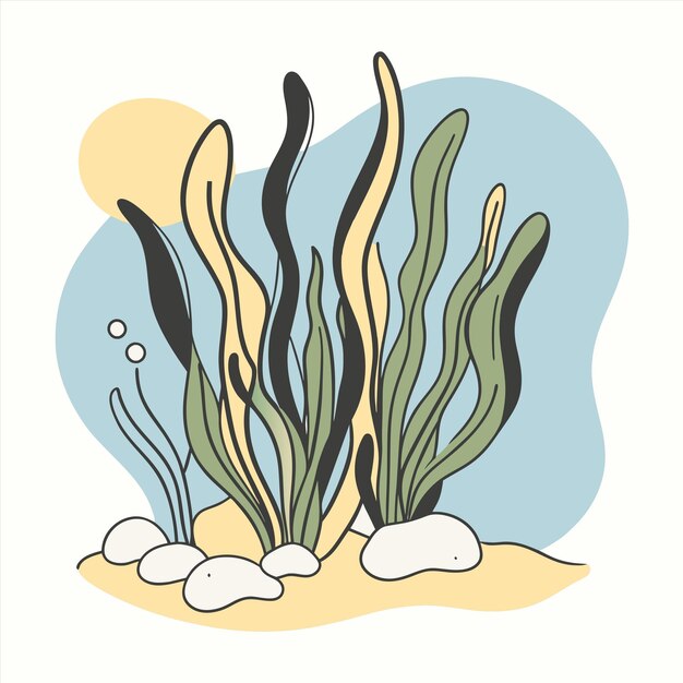 a drawing of a seaweed and seaweed with the ocean in the background