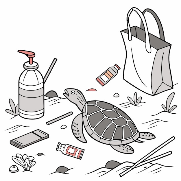 a drawing of a turtle and a bag with a bottle of the letter b on it