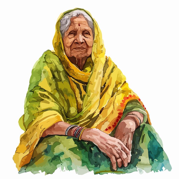 a drawing of an old woman with a yellow sari on her chest