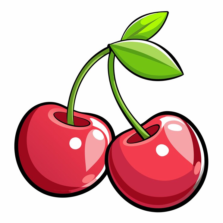 a drawing of cherries with a green leaf on the top