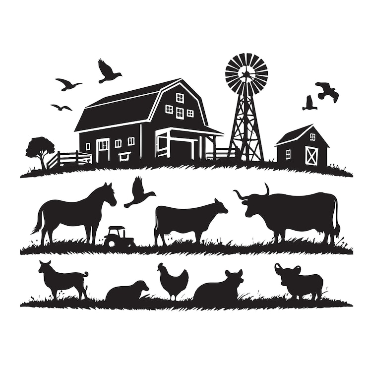 Vector a drawing of cows and a farm with a barn in the background
