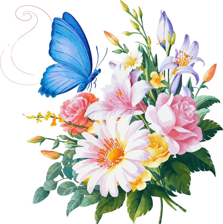 a drawing of flowers and butterflies with a butterfly on the top
