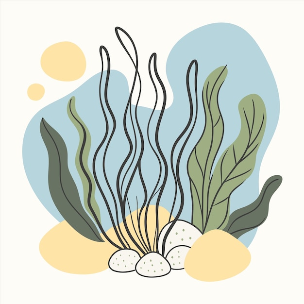 a drawing of seaweed and eggs with a blue background