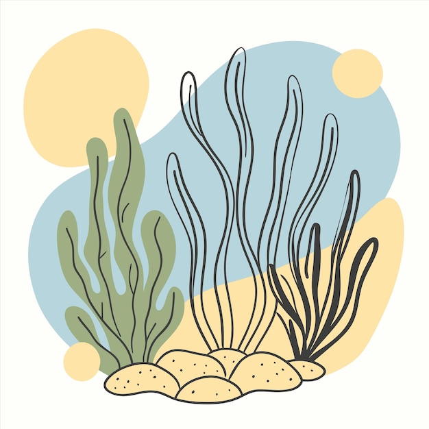 a drawing of seaweed and seaweed with the sun in the background