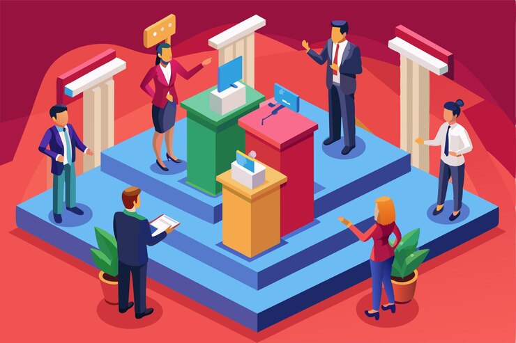 Vector a dynamic political debate unfolds with multiple speakers presenting arguments using visual aids set against a colorful backdrop of columns and plants