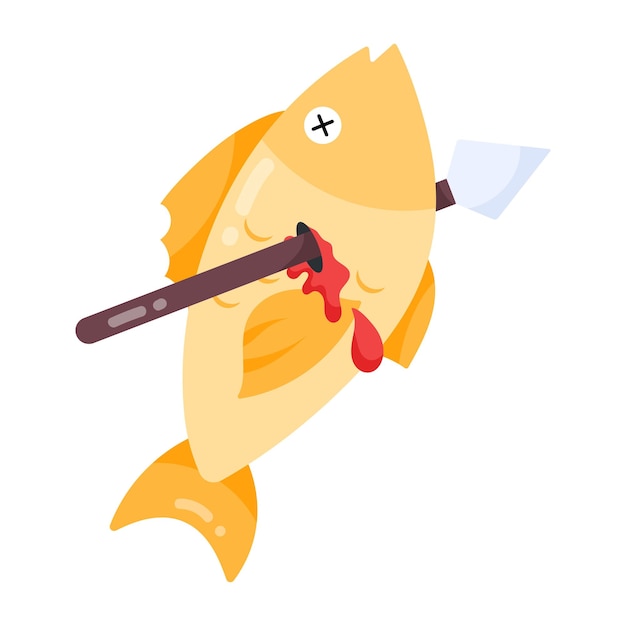 A fish with a bloody knife in his mouth