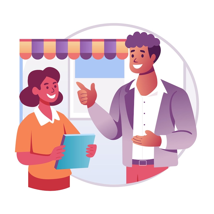Vector a flat illustration of a character talking with store staff