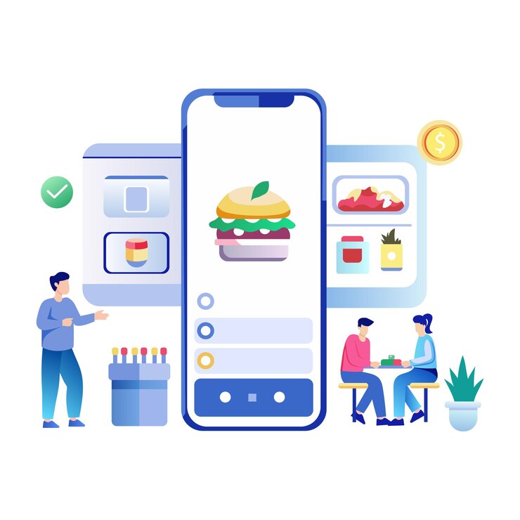 Vector a flat illustration of people using a mobile app for food order