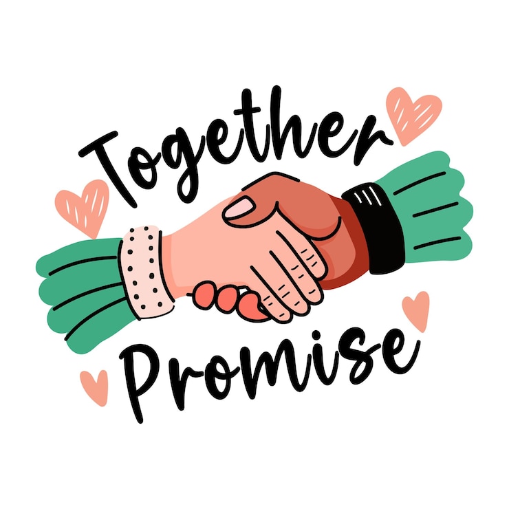 Vector a flat sticker of two hands shaking with together promise typography
