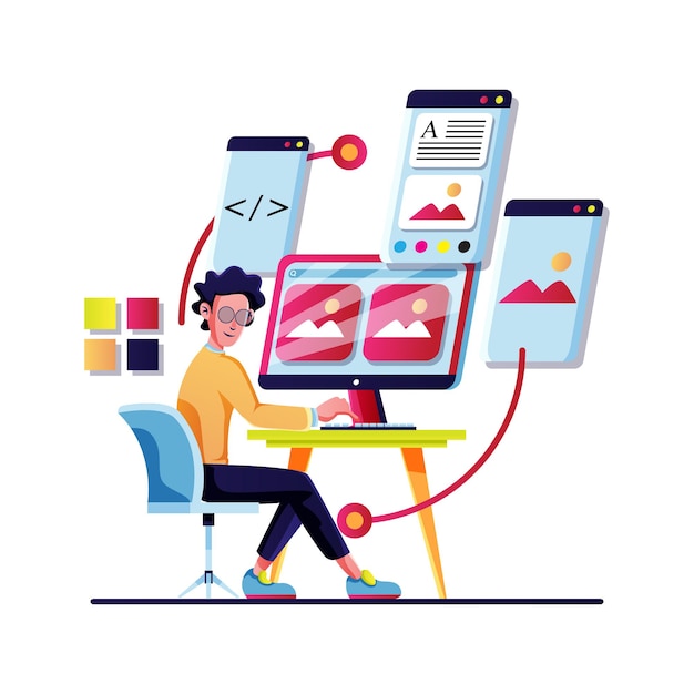 a flat vector of a man designing a website