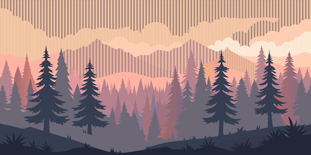a forest with a sunset in the background