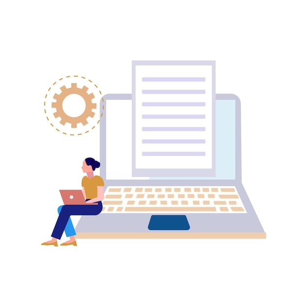 A girl is working on a laptop making document settings