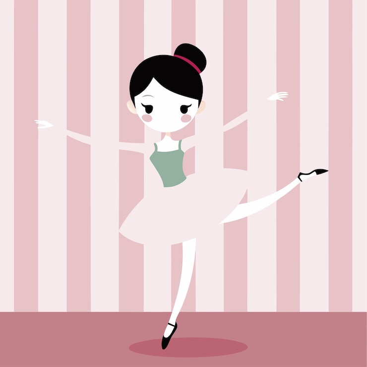 Vector a girl with a bow on her hair is dancing in front of a striped wall