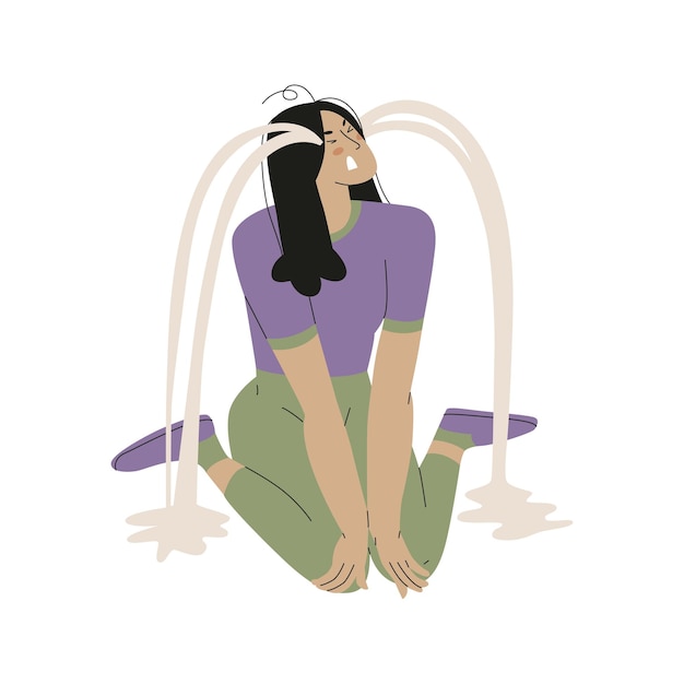 A girl with black hair is crying heavily while sitting on her knees Streams of tears Mental disorder trauma emotional instability Vector illustration isolated on white background