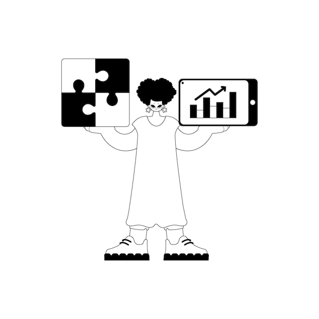 a girlfriend with a complicate in her handwrite and a graph of moral force emergence black and white course artwork trendy style vector illustration