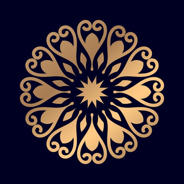 A gold and black mandala with a flower in the middle.