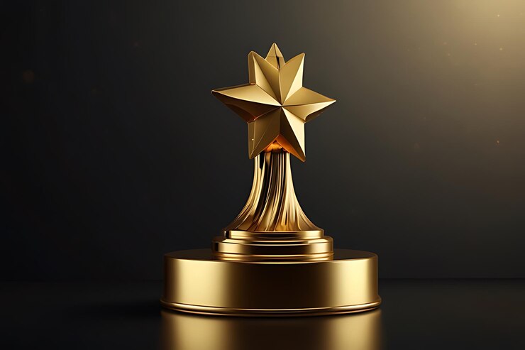 a gold award with a star on it