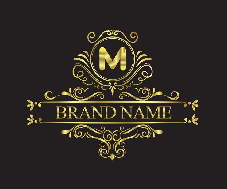 a gold logo with the word  m  on it