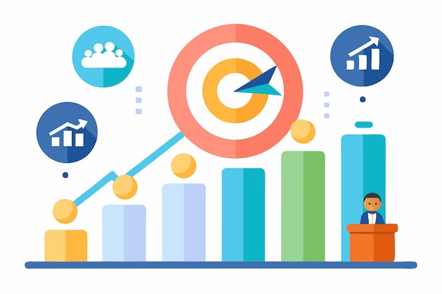 a graphic of a business card with a man in a suit sitting in front of a chart