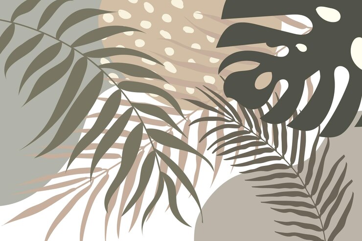 a green and brown background with a palm tree and a plant