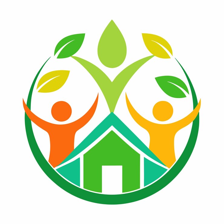 a green circle with people and a house with a green logo that says people with green leaves