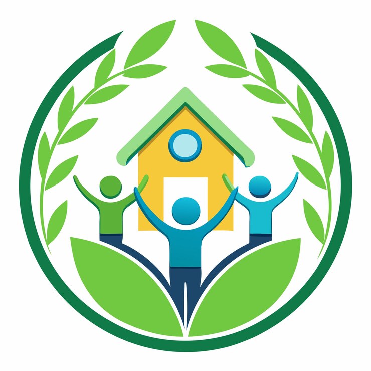 a green circle with people standing in front of a yellow house with green leaves around it
