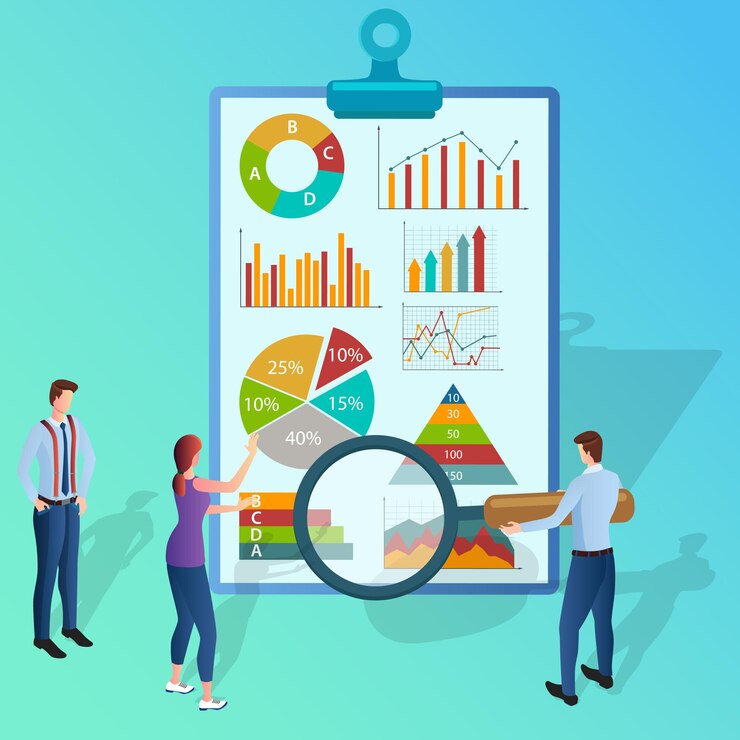 Vector a group of businessmen study infographics the concept of business management