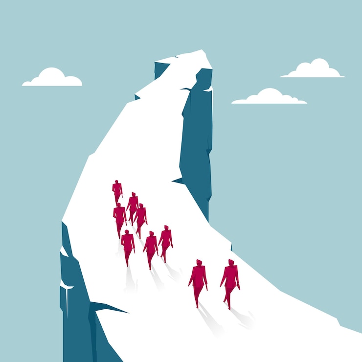 Vector a group of people are walking on the road. isolated on blue background.