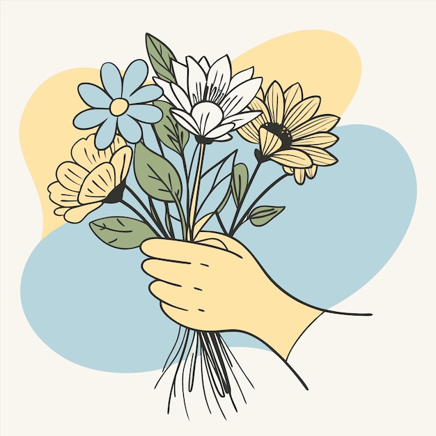 a hand holding a bouquet of flowers with a blue background