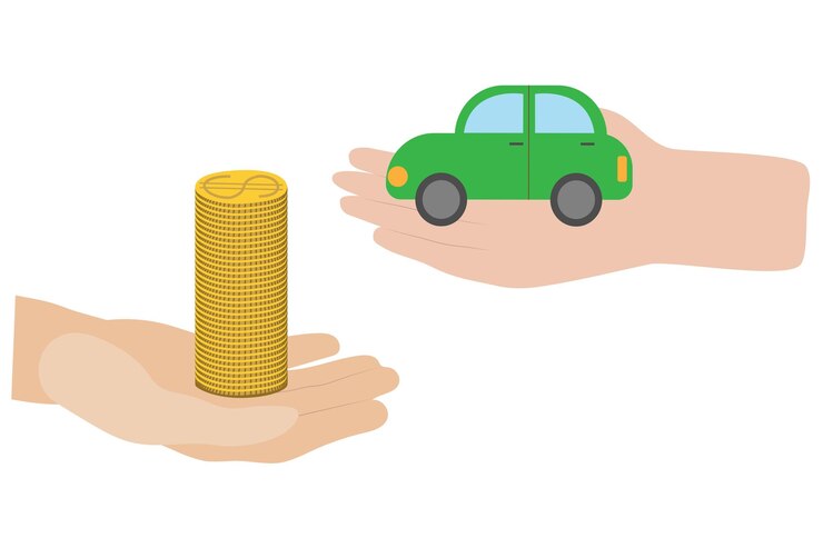 Vector a hand with a stack of golden dollar coins next to the second hand with a car buying a car