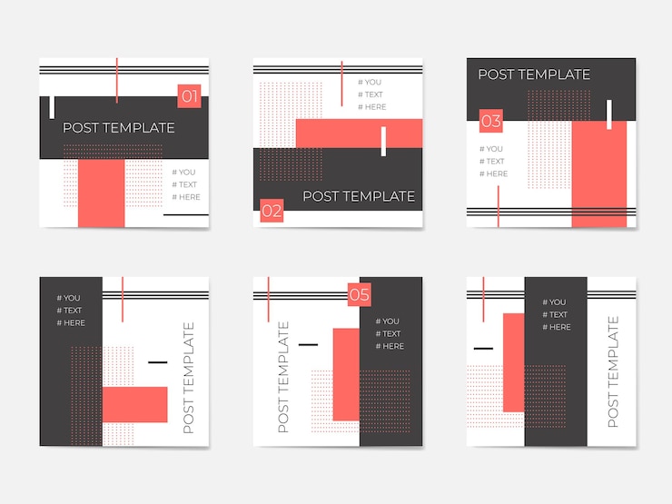 Vector a large set for social media post templates for personal and business accounts white background with geometric elements in black and trendy coral colors