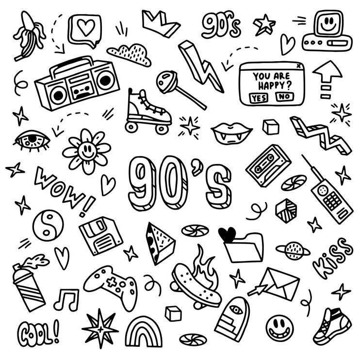 Vector a large set of doodle drawings by hand. sketches in the style of the 90s. 1990, cassette, videos, ta