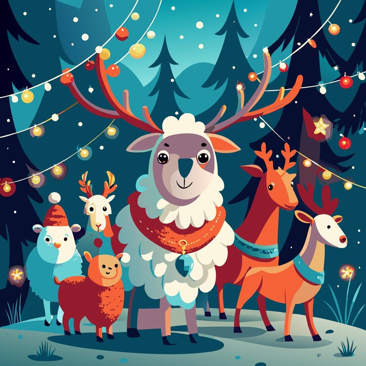 A LongHaired Sheep Wearing Reindeer Antlers Leading a Festive Holiday Parade