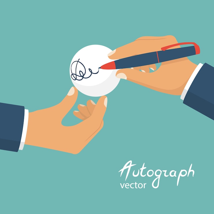 Vector a male athlete gives an autograph signing on a ball holding the ball and the pen in hands vector illustration flat design isolated on background