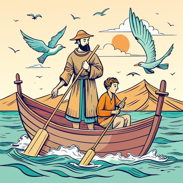 a man and a boy are in a boat with birds flying above them