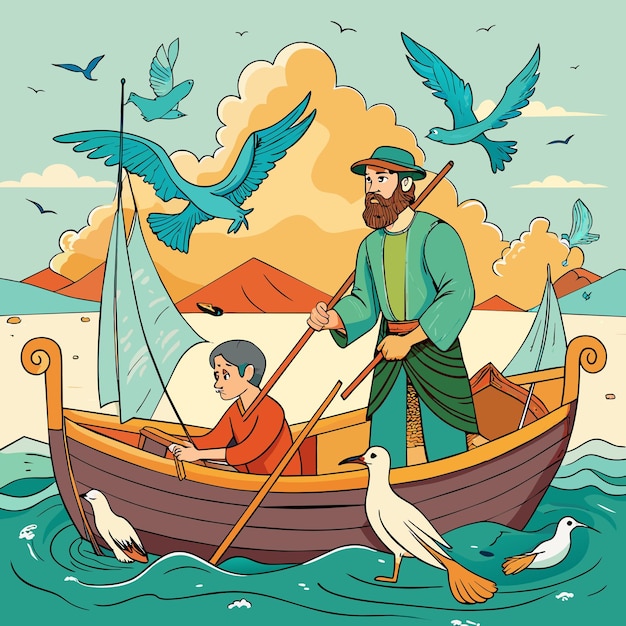 a man and a boy in a boat with birds and a bird