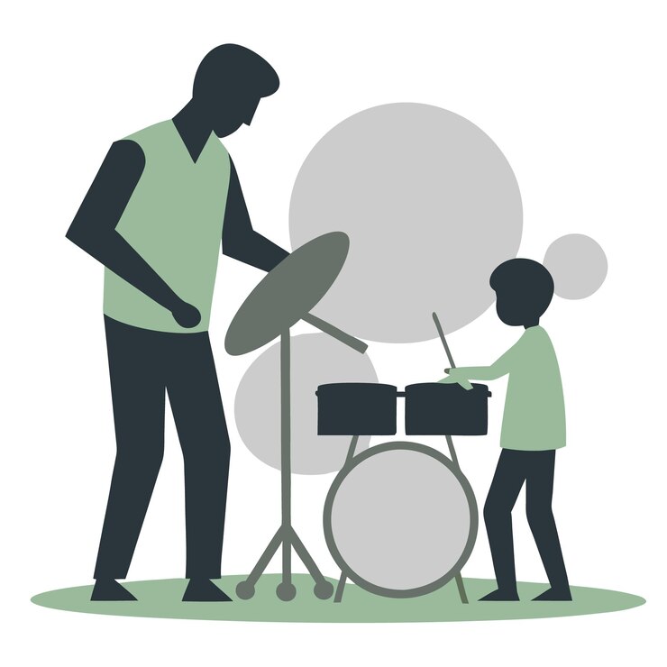Vector a man and a boy playing drums with a boy playing a drum