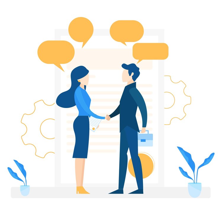 a man and a woman are shaking hands in front of a door that says the word