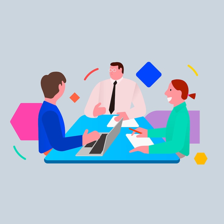 Vector a man and a woman sit on a couch with papers and a man in a suit
