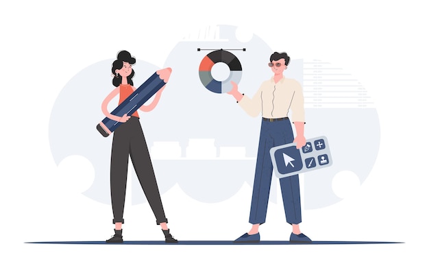 A man and a woman stand in full growth and hold a color wheel and a large pencil Design Element for presentation Vector illustration