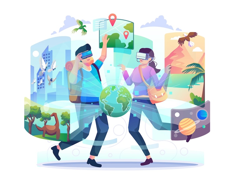 Vector a man and a woman through vr headset doing a game simulation of traveling around the world