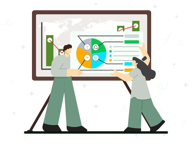 A man and woman holding screen distribution of using sustainbility resources on graphs