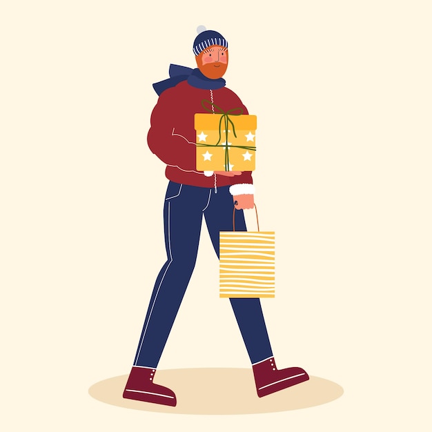 a man carries christmas gifts